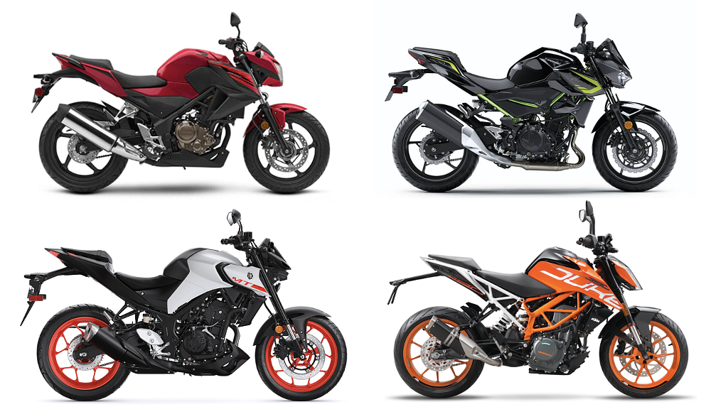 Studio image composite of Honda CB300F, Kawasaki Z400, Yamaha MT-03, and KTM 390 Duke