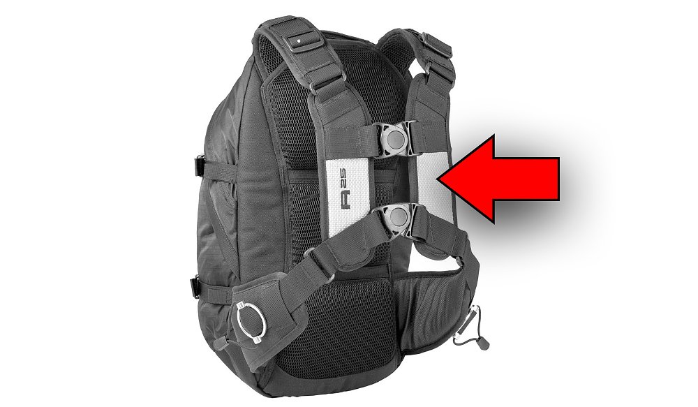 Motorcycle backpack with sternum straps.