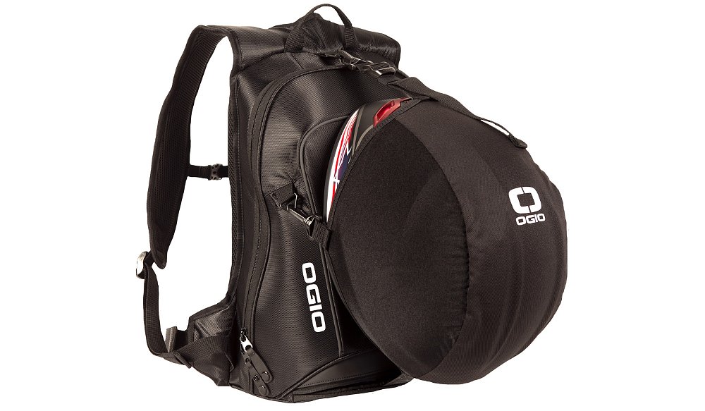 Motorcycle backpack with helmet carrier