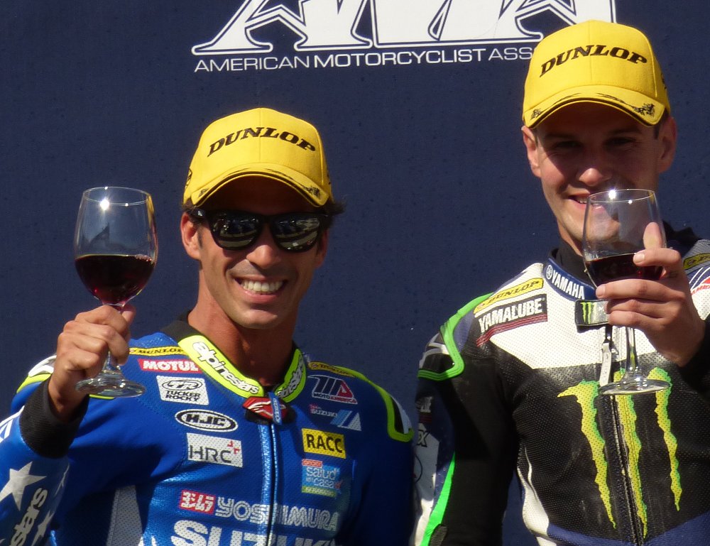 Toni Elias and Cameron Beaubier toast a podium finish at Sonoma