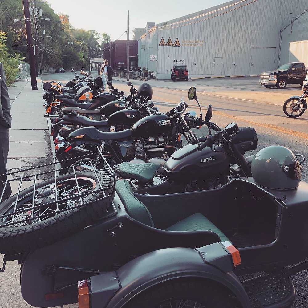 Ural with a side car and other vintage motorcycles at the DGR event. 