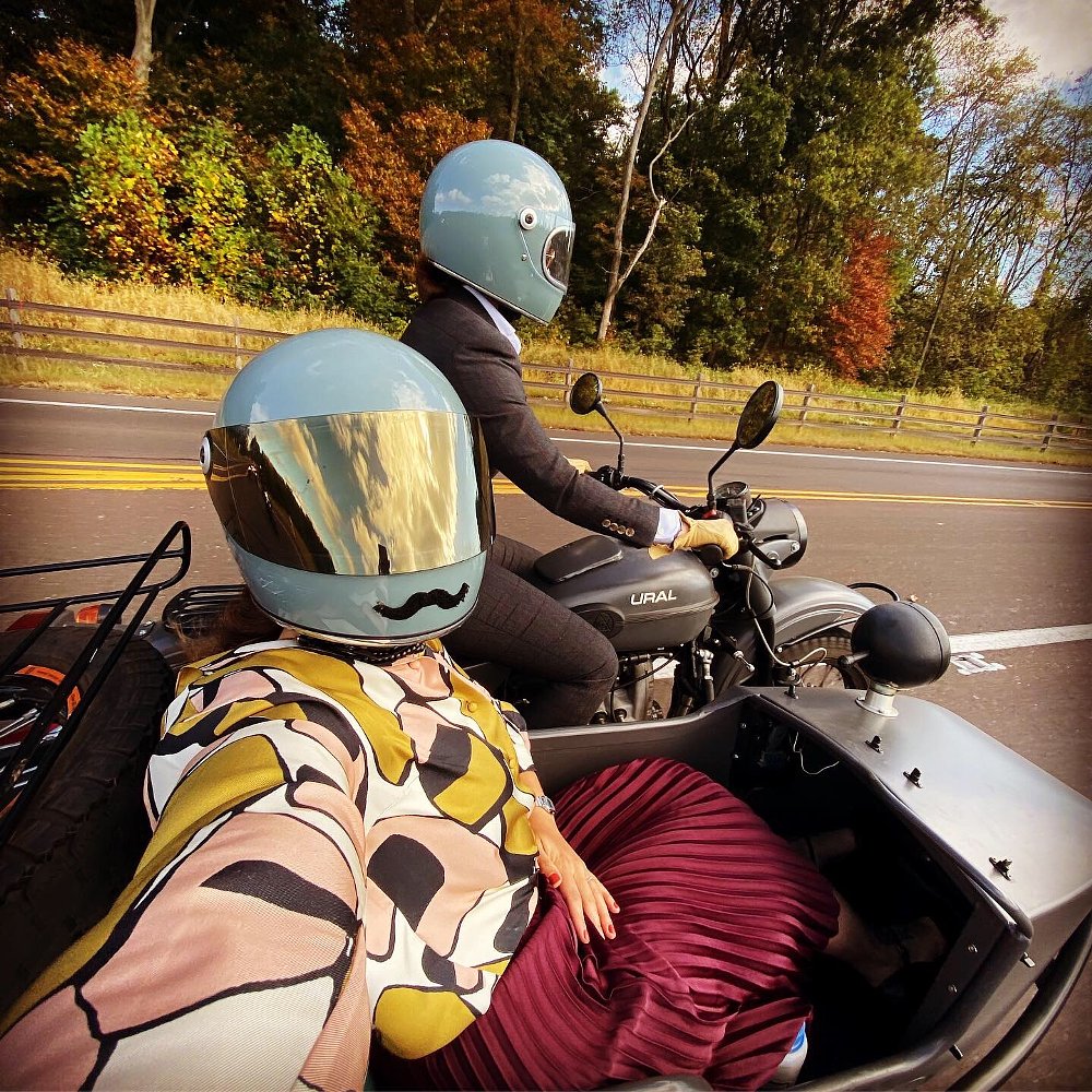 Ural with a sidecar taking a selfie wearing a Biltwell Gringo S Helmet