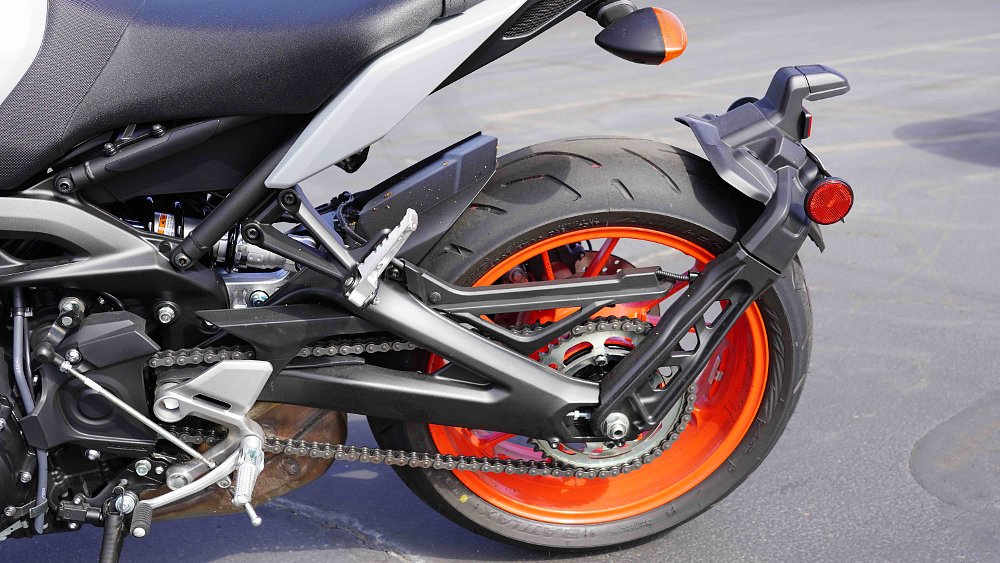 the rear wheel, chain, and fender of a 2020 Yamaha MT-09