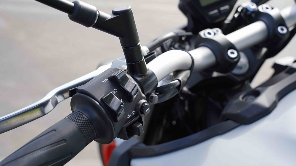 The switches and controls on the left handlebar of a 2020 Yamaha MT-09