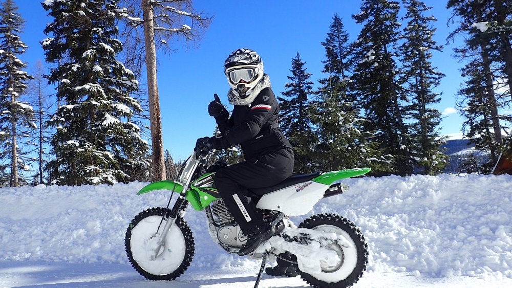 KLX125 with wheels packed with snow