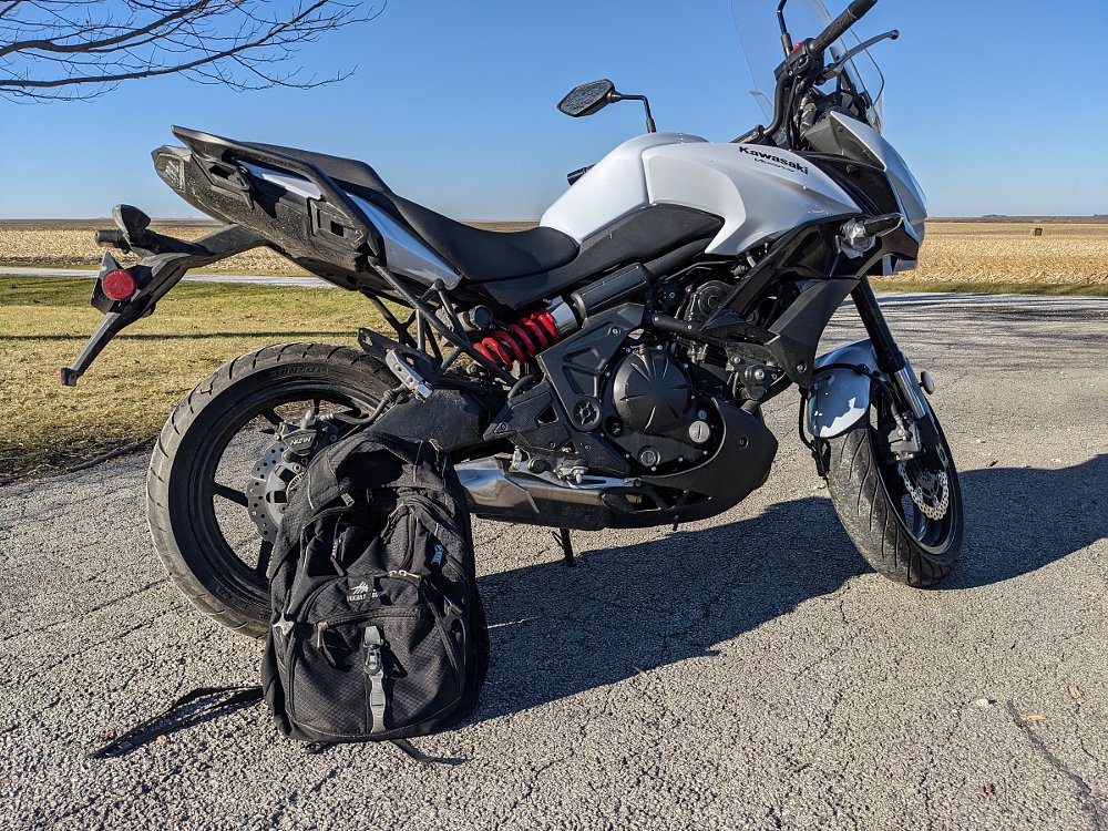 Kawasaki Versys and backpack ready for the commute