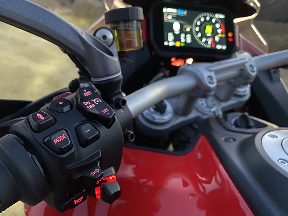 Ducati Multistrada V4 detail of backlit switches on left handlebar