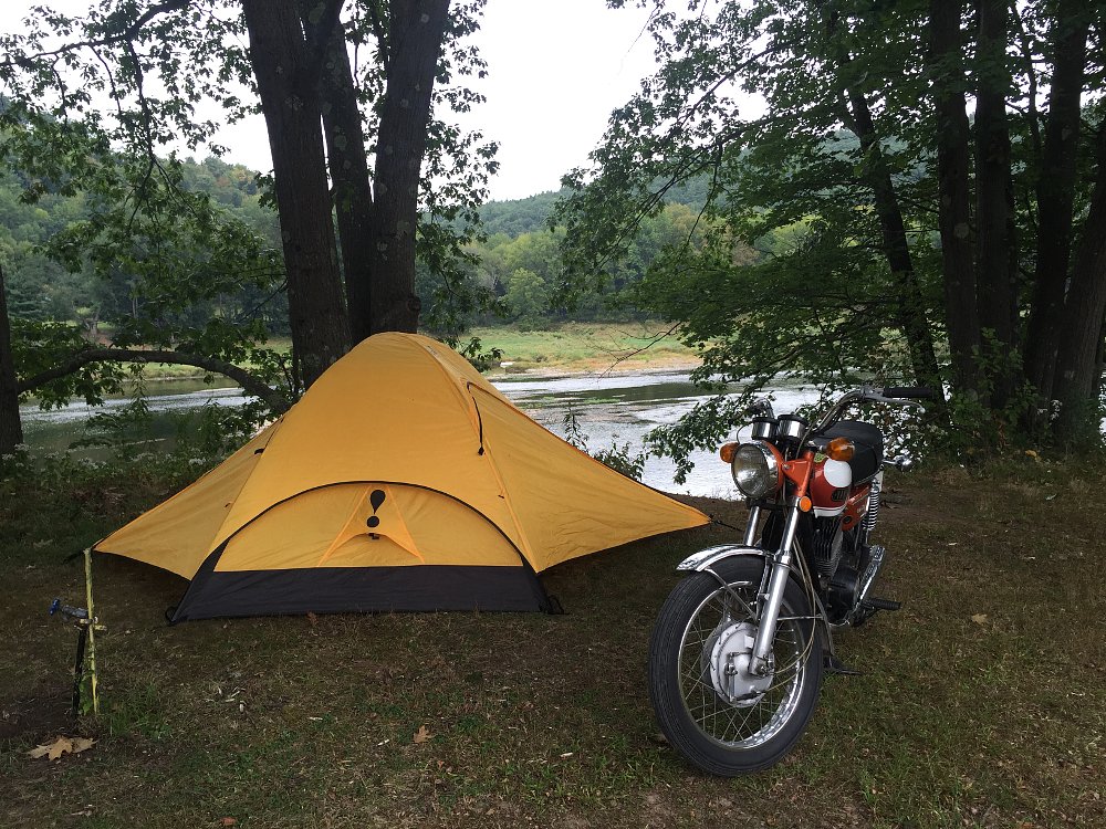 1971 Yamaha R5 camping with tent by the river