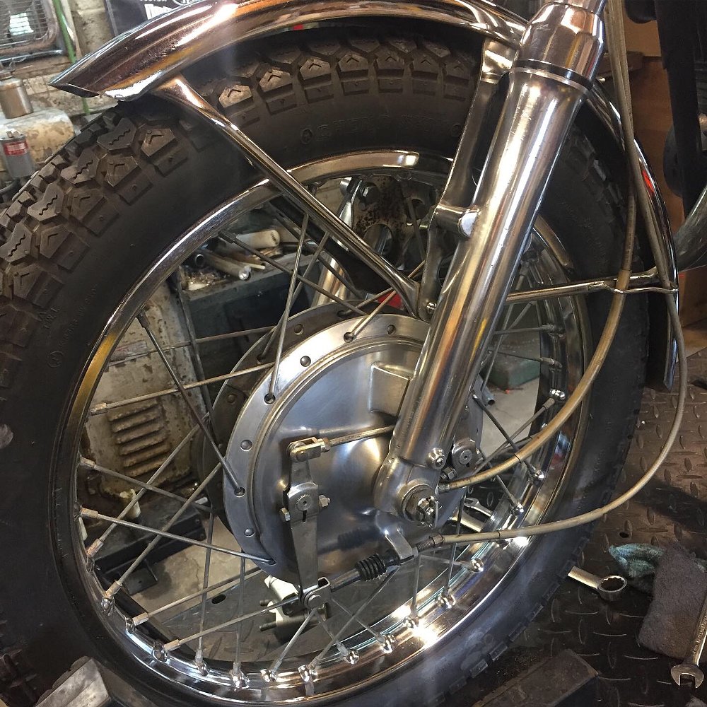 Restored 1970 Yamaha R5 front fork and twin leading shoe front brake.