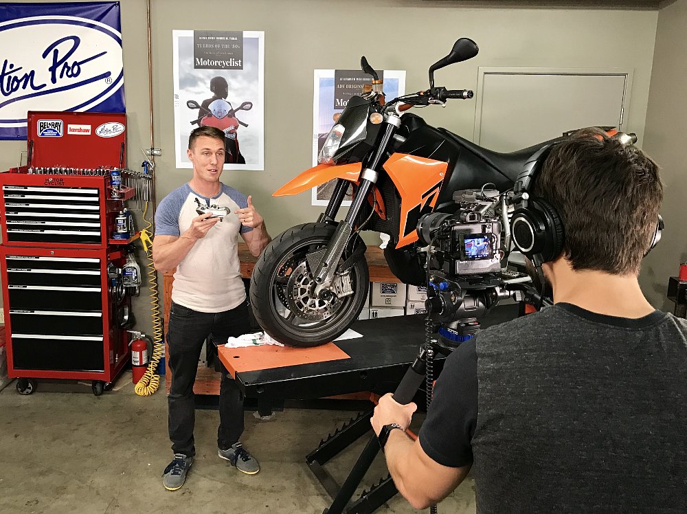 KTM 950 SM on the set of the MC Garage YouTube show from Motorcyclist magazine