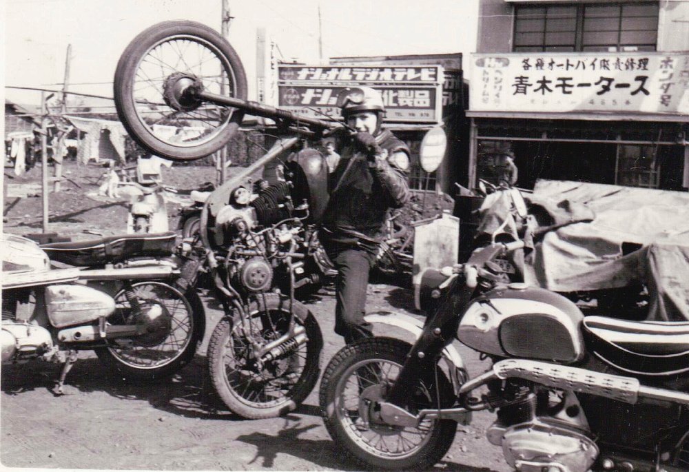 Mike pretending to wheelie a Meguro