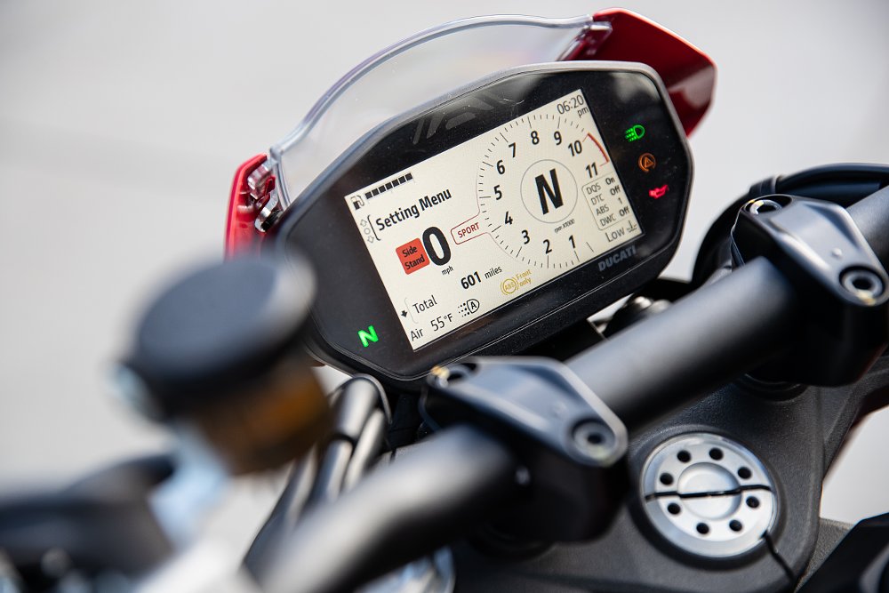 A close up of the Ducati Monster dash screen