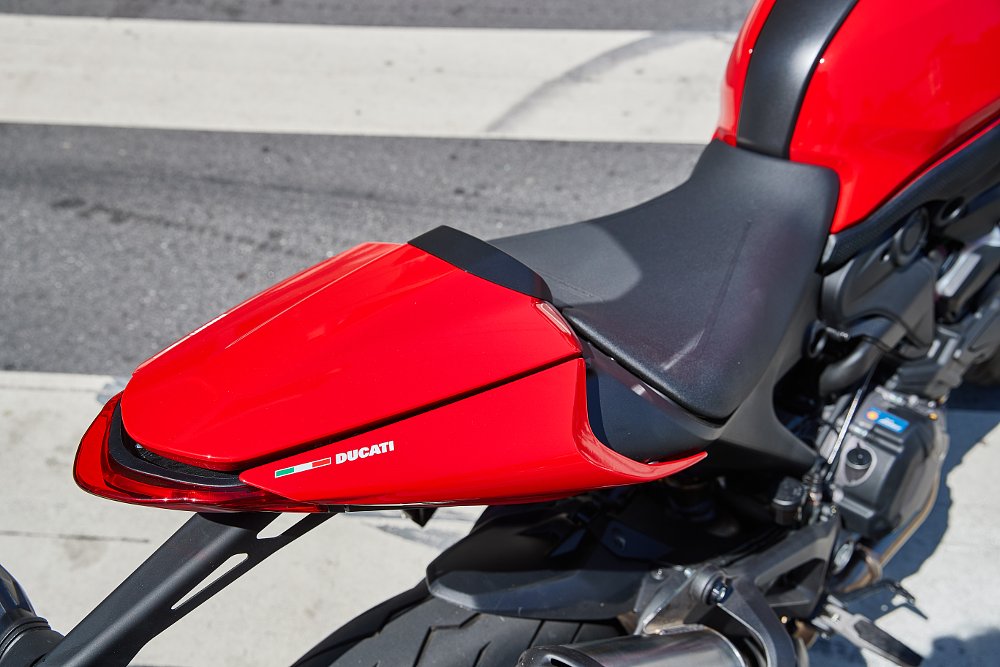A close up of the seat on the Ducati Monster motorcycle