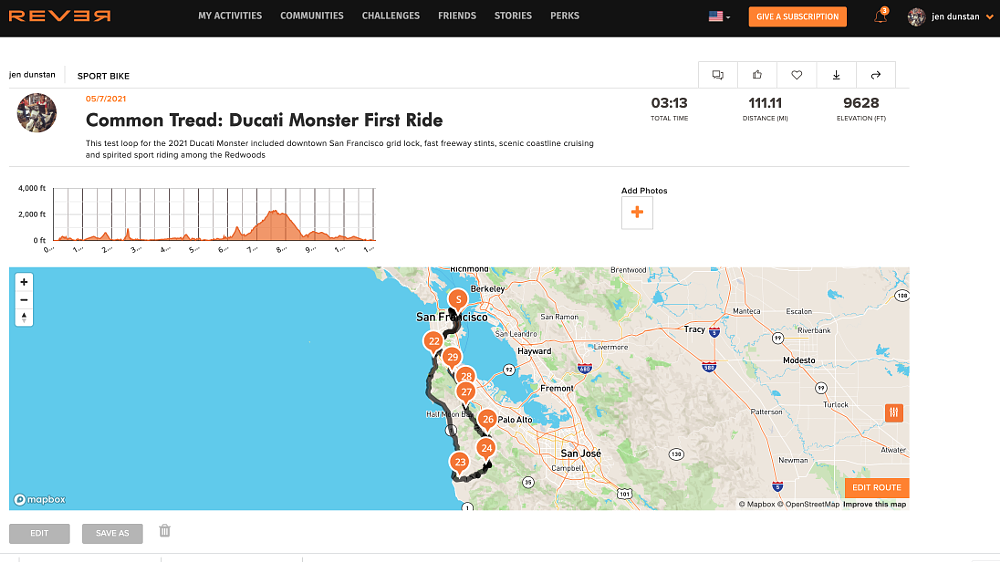 Rever map of Ducati Monster test ride