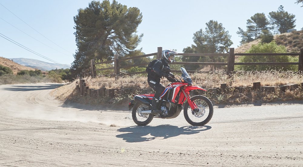 Honda CRF300L Rally showing suspension compressed