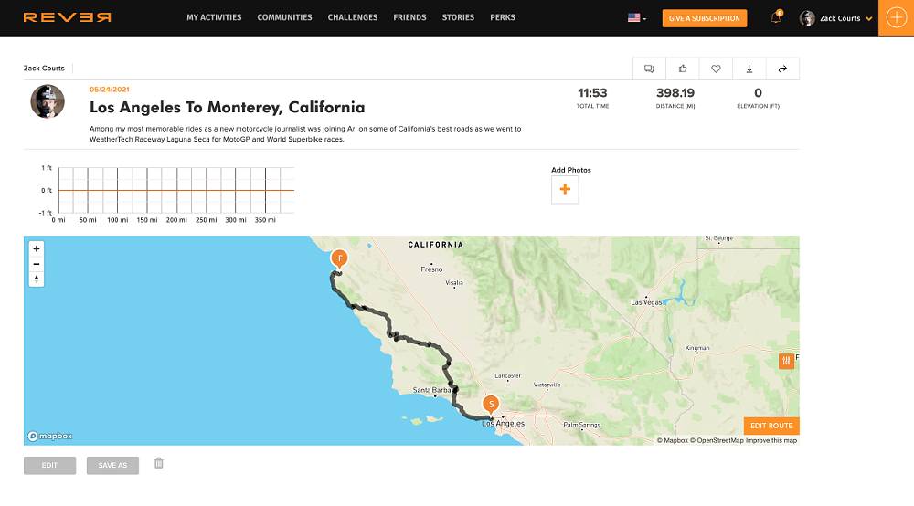 REVER map of Zack's ride