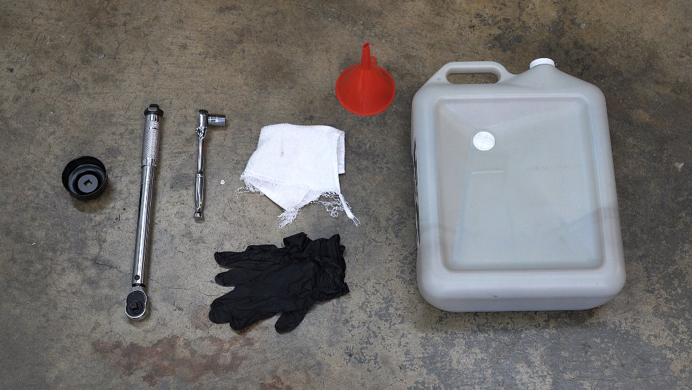 Tools and equipment to change your motorcycle engine oil.