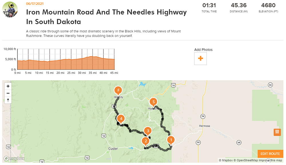 Iron Mountain Road and Needles Highway map
