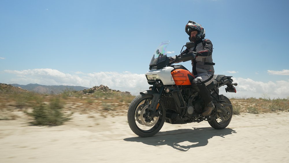 Harley Pan America riding on a dirt road