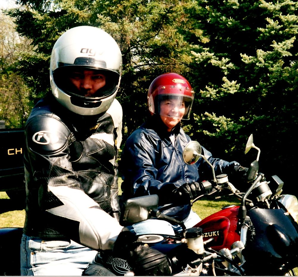author and mother on Suzuki and Triumph motorcycles