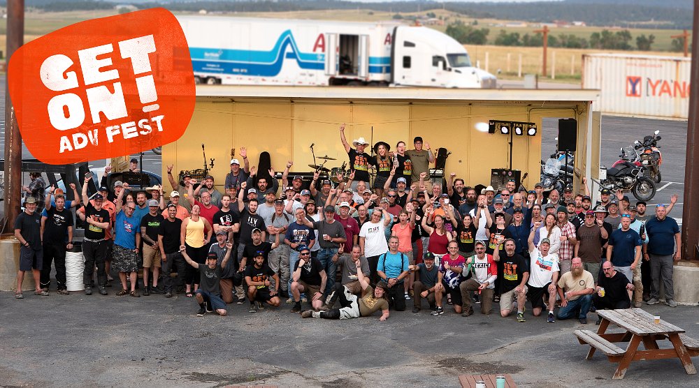 Over 200 riders gather together for a group photo at the Get On ADV Fest
