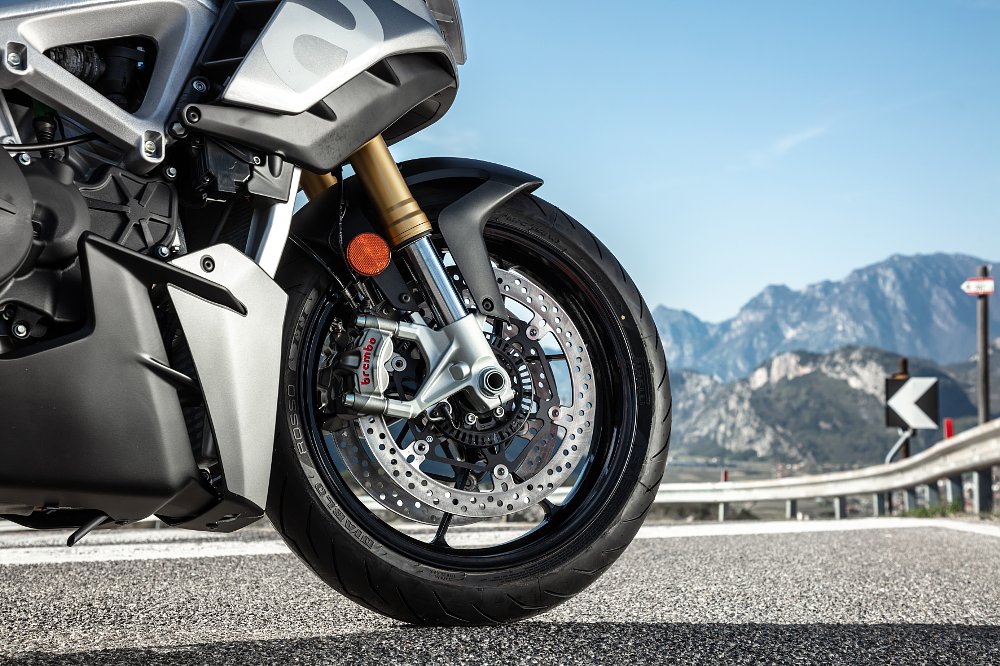 Front brake on the 2021 Aprilia Tuono. 