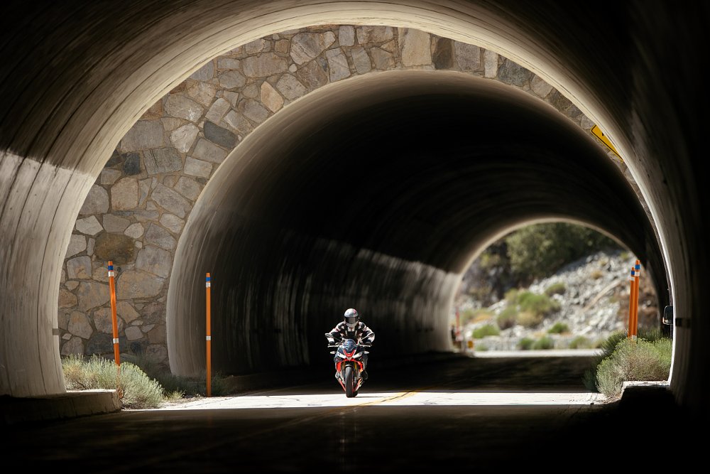 2021 Aprilia Tuono V4 riding through a tunnel.