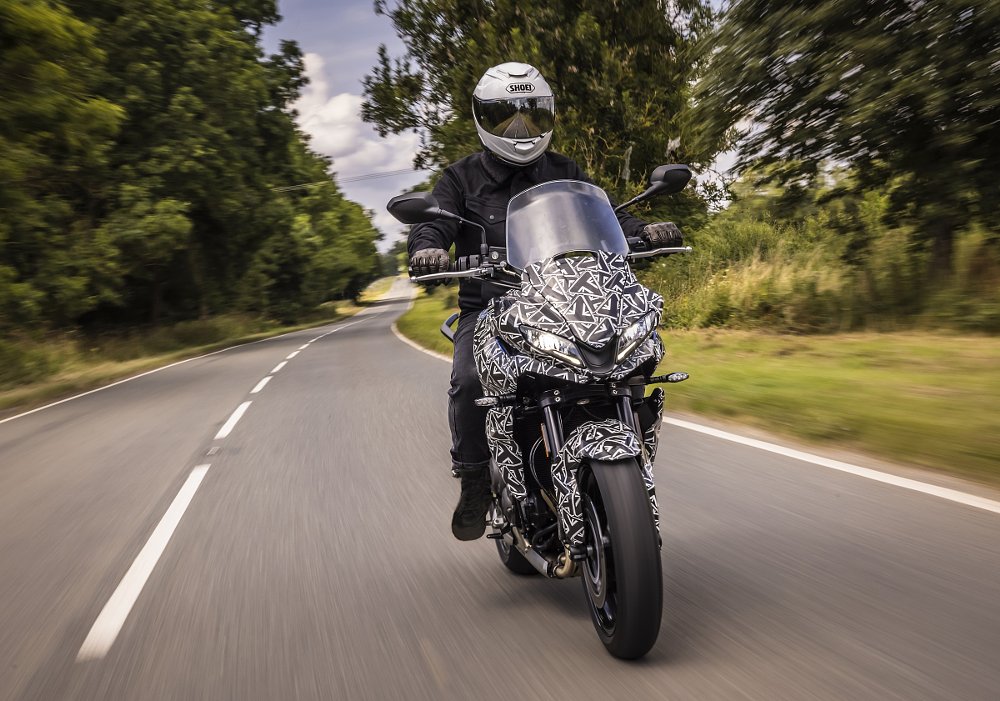 front view of the Triumph Tiger Sport 660 prototype on the road