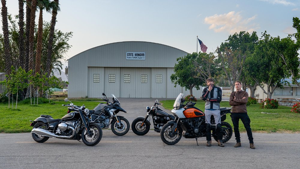 BMW's R 1250 GS and R 18 next to Harley-Davidson's Softail Slim and Pan America