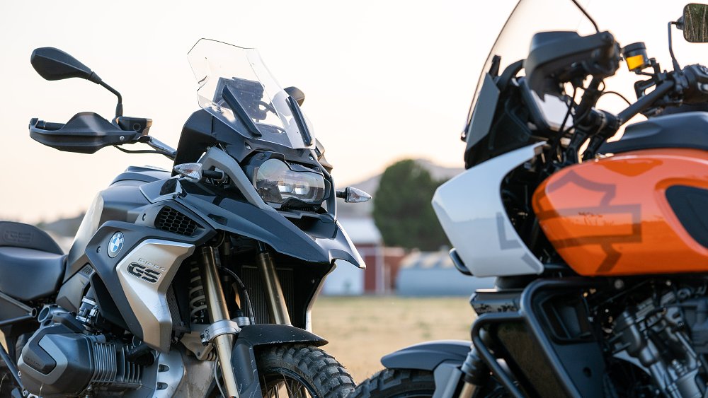 Close up of BMW's R 1250 GS front end, facing off with Harley-Davidson's Pan America