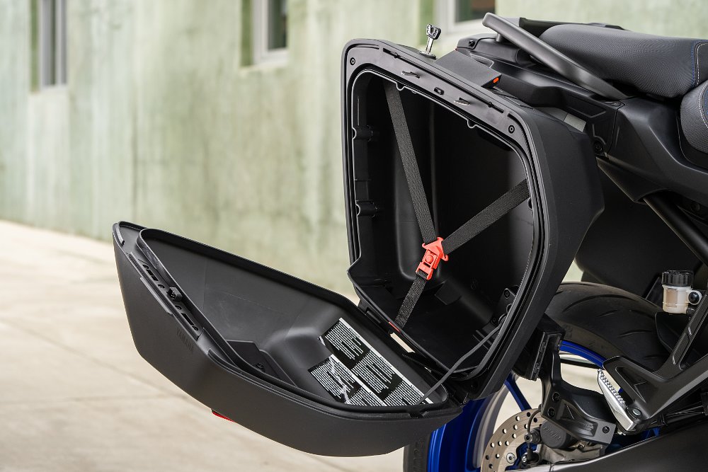 2021 Yamaha Tracer 9 GT right-side saddlebag open