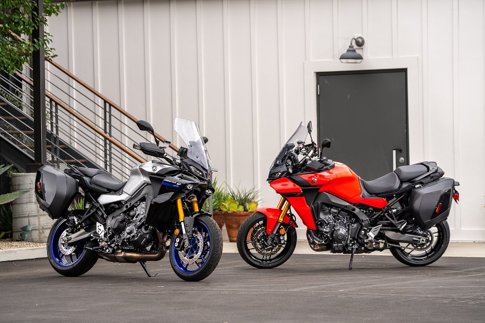 Two 2021 Yamaha Tracer 9 GTs one in blue and one in red