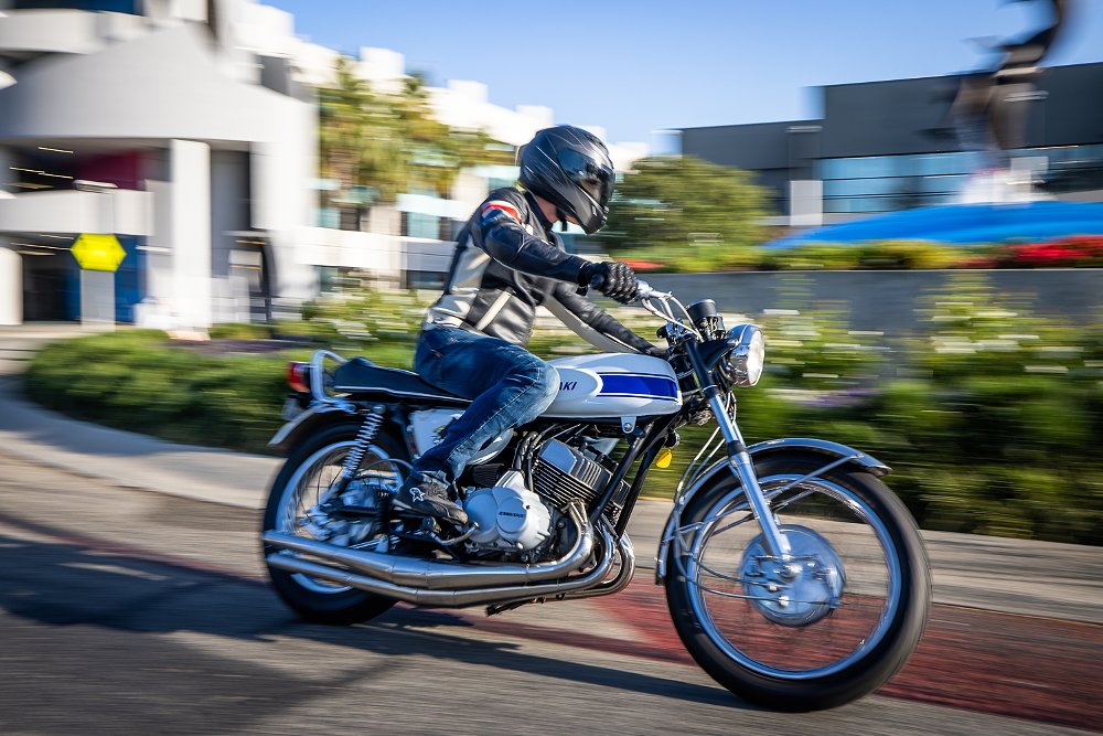 Restored 1969 Kawasaki H1 Mach III being ridden.