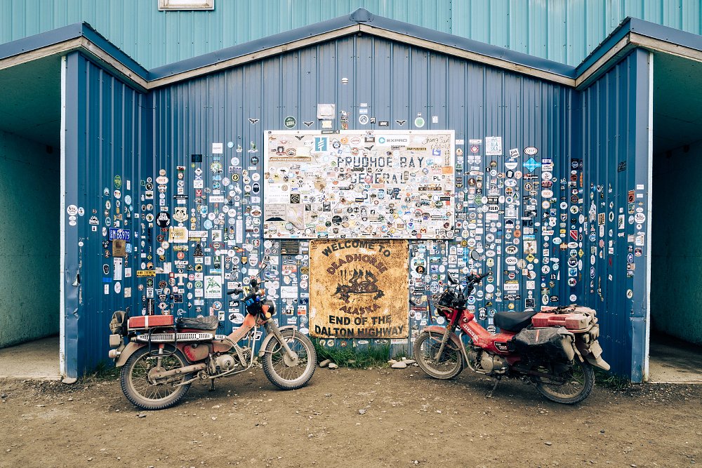 Trail 125 and CT90 in front of the Deadhorse General Store in Alaska.