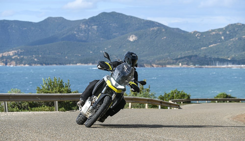 Aprilia Tuareg on a curve in a paved road