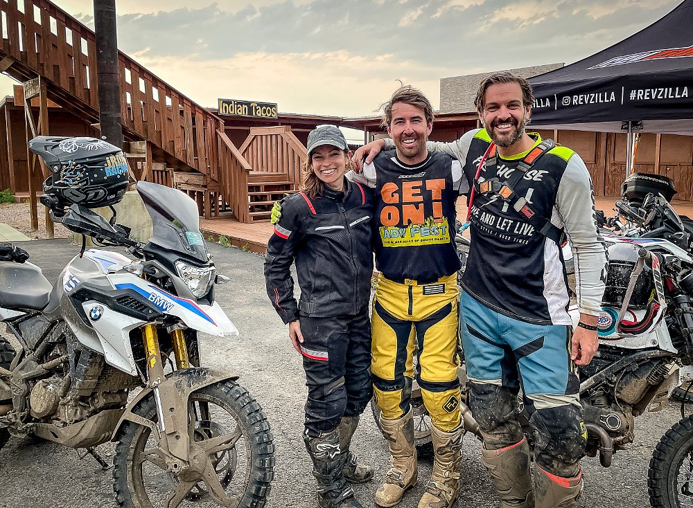 Jen, Brandon and Spurgeon smiling after an off-road ride at Get On! ADV Fest