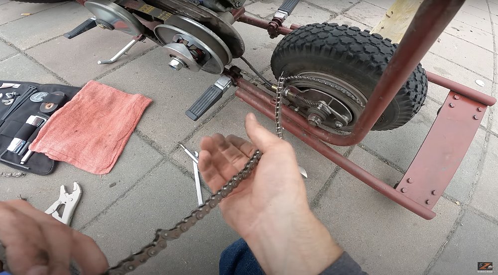 Daily Rider screen shot of a mini bike chain being fixed.