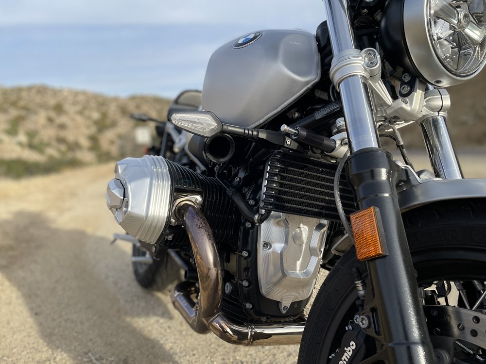A close up view of the BMW R nineT Boxer engine cylinder head, side view.