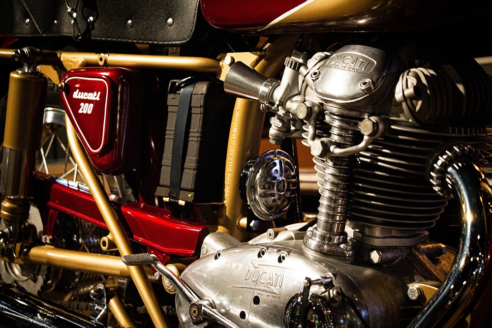 closeup shot of the engine of a bevel-drive Ducati
