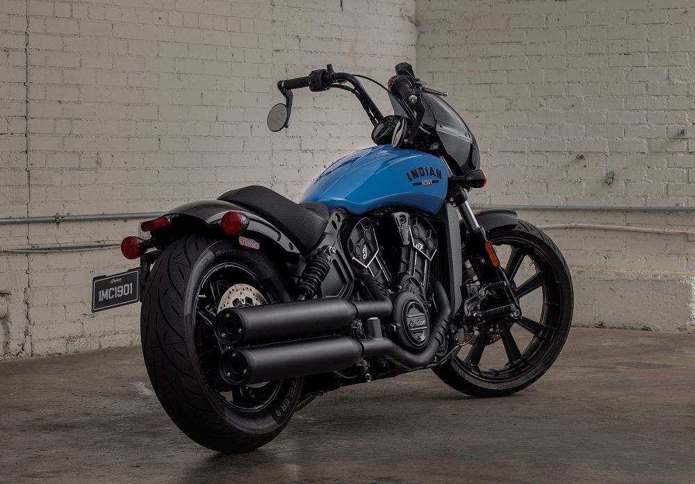 Indian Scout Rogue in blue, rear view