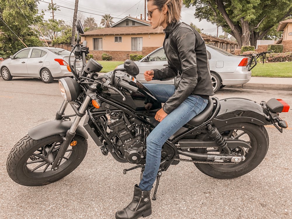 Ananda on her first motorcycle, the black Honda Rebel
