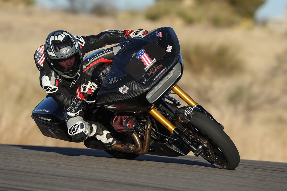 Kyle Wyman racing the King of the Baggers Harley-Davidson race bike