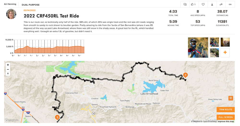 Rever map of Ari's CRF450RL ride. 
