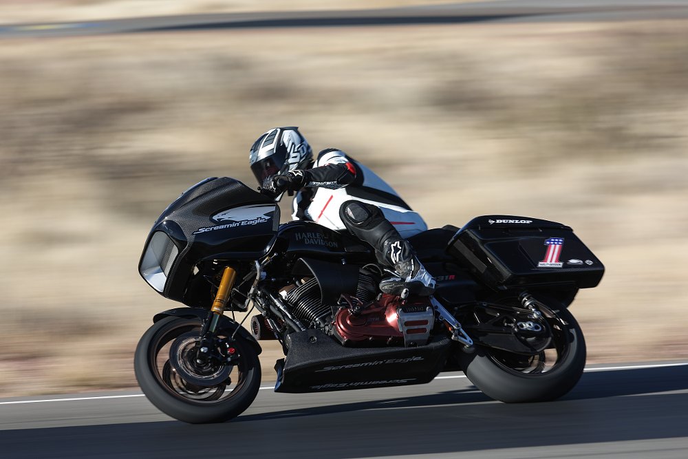 2021 Harley-Davidson King of the Baggers Road Glide Special race bike left side at speed on race track