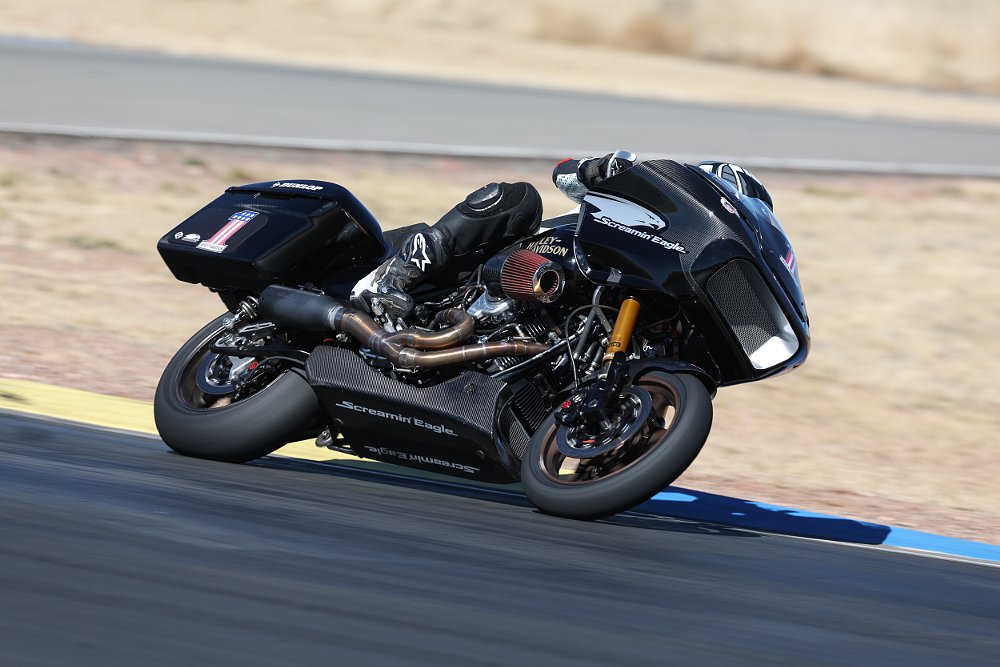 2021 Harley-Davidson King of the Baggers Road Glide Special race bike right side at speed on a race track