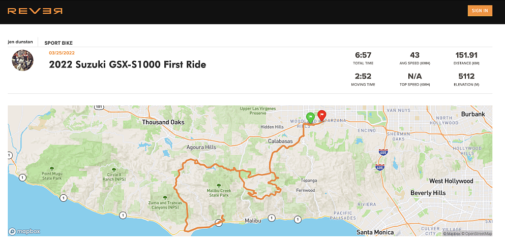 A map illustration of the route ridden on the GSX-S1000 in Southern California