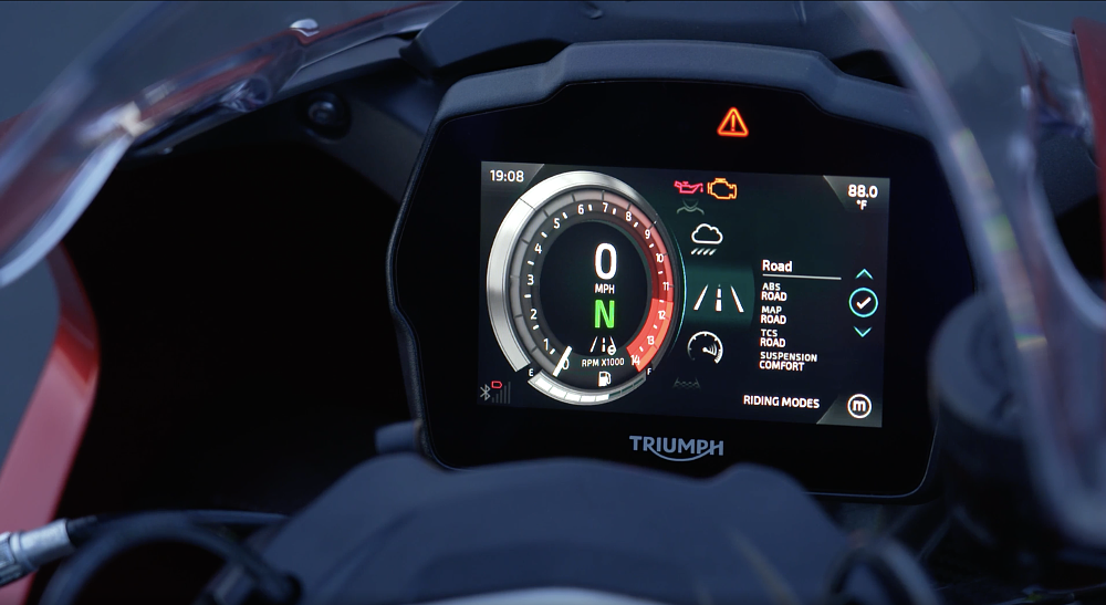 A close up view of the TFT color dash on the Speed Triple 1200 RR