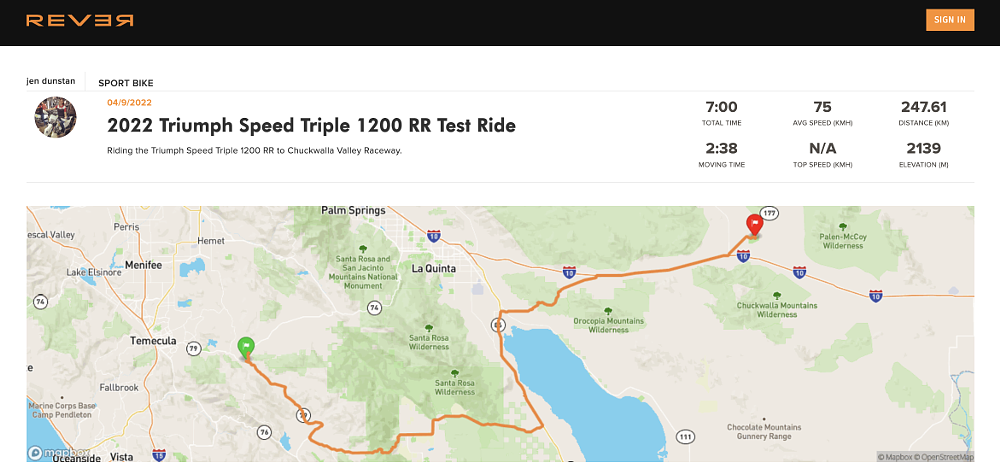 An image of a road map route that was ridden on the Triumph Speed Triple 1200 RR