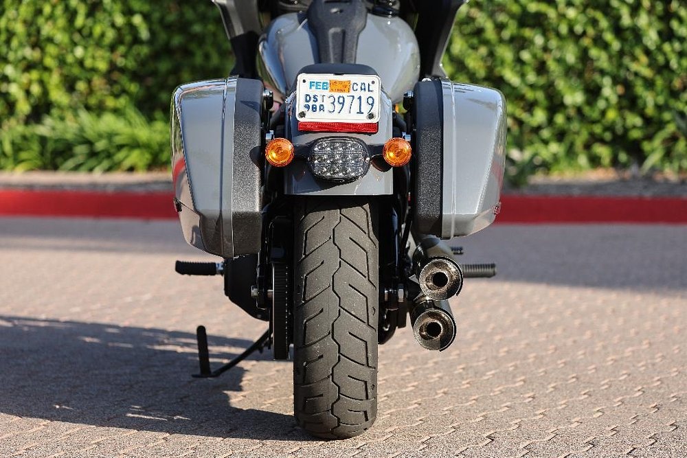 rear view of the Low Rider ST with the staggered saddlebags