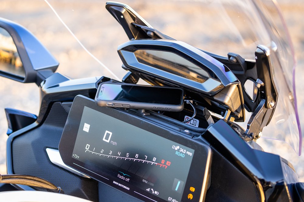 BMW's K 1600 GTL cockpit with phone charging cubby